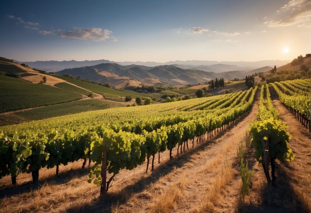 Vineyards in california at sunset.