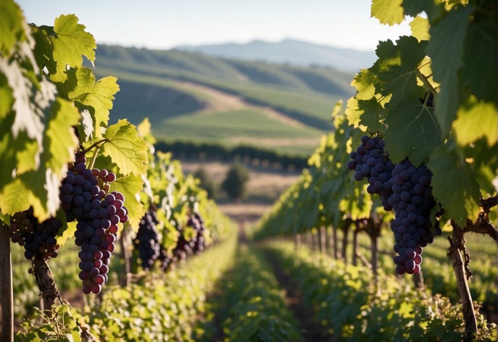 A vineyard with rows of grapes and mountains in the background.