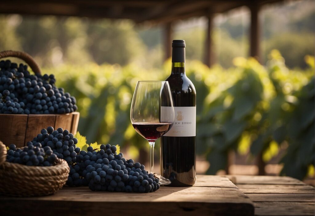 A bottle of wine and a basket of grapes on a wooden table.