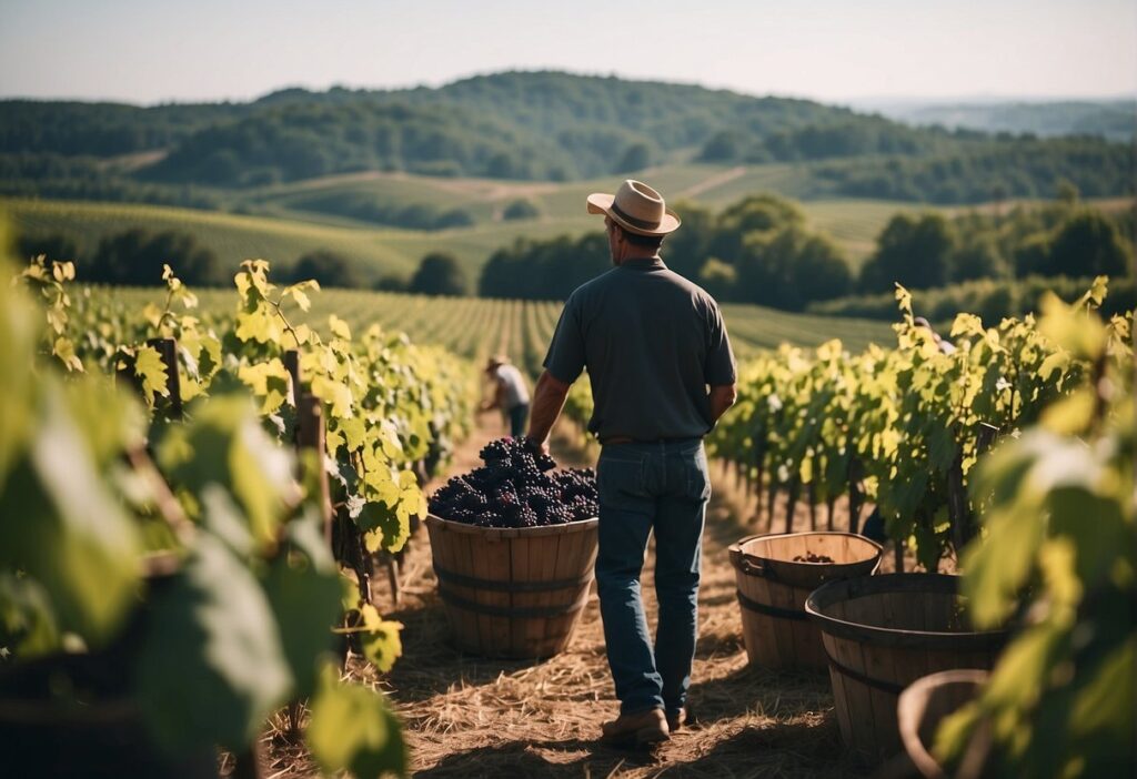 A man walking through a vineyard with barrels of grapes.