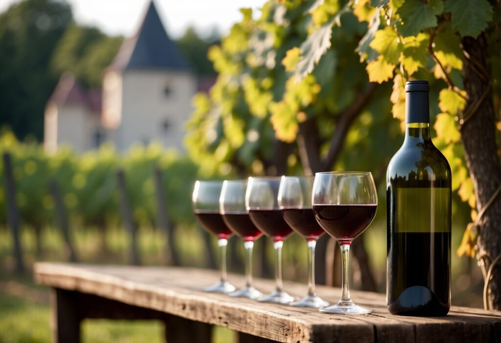 Four glasses of red wine on a wooden bench.