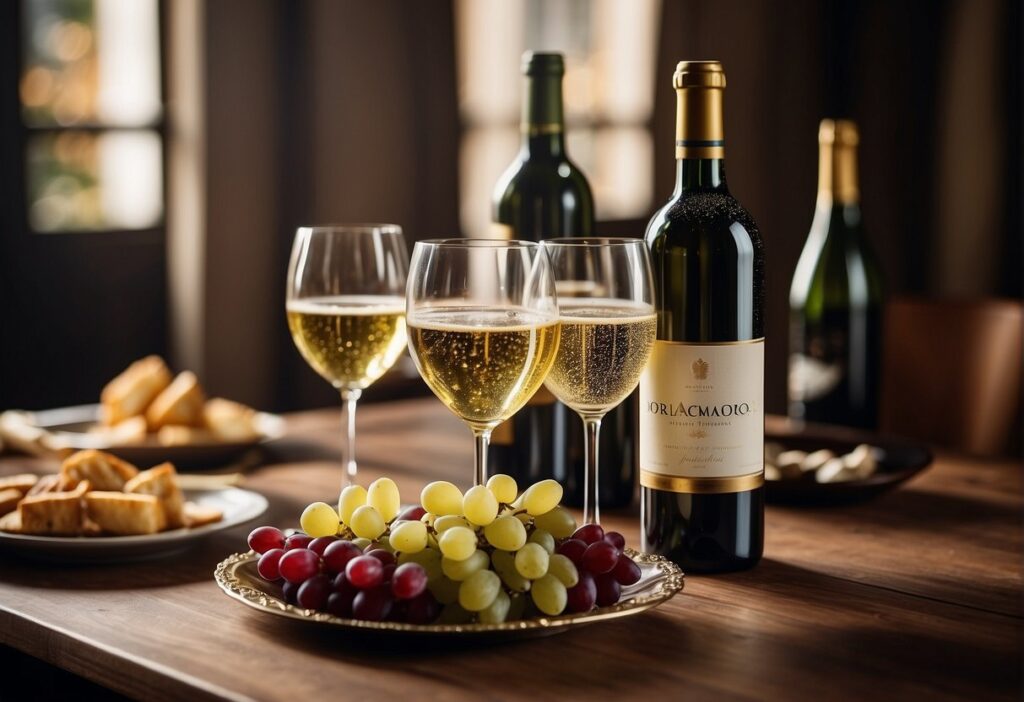 Three glasses of wine and grapes on a table.