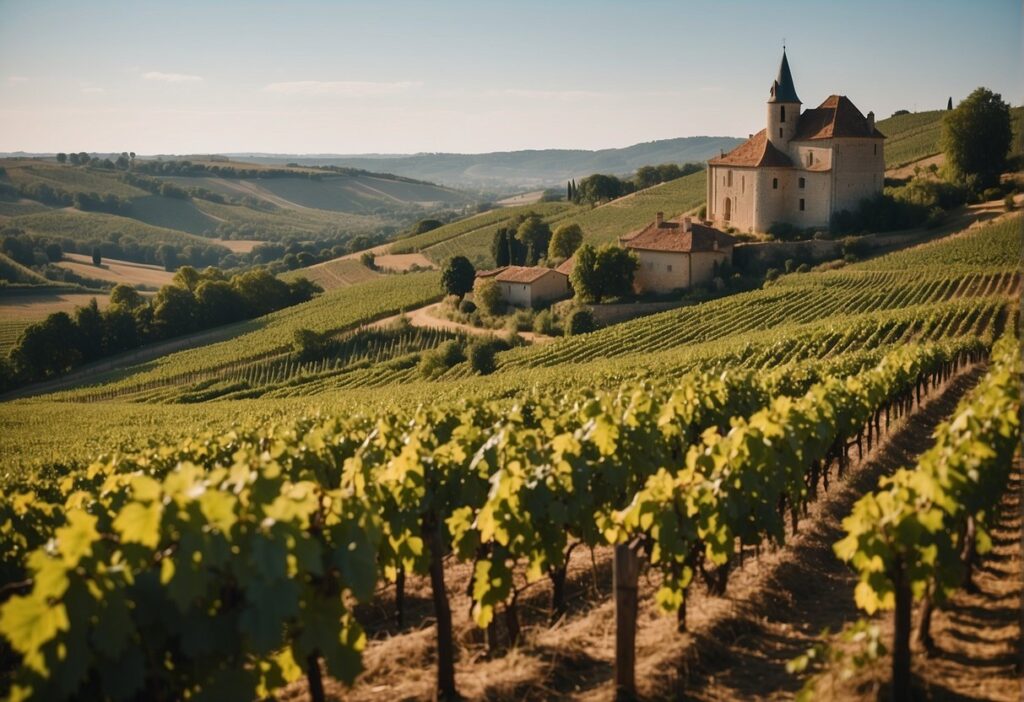 A vineyard with a castle in the background.