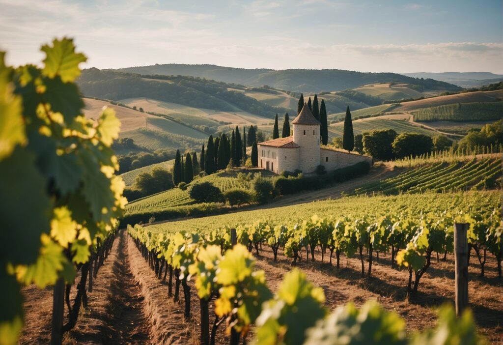 A vineyard in tuscany with a church in the background.