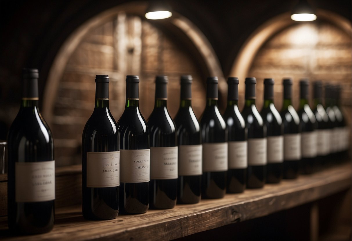 Wine bottles arranged horizontally in a cool, dark, and humidity-controlled cellar with labels facing outwards