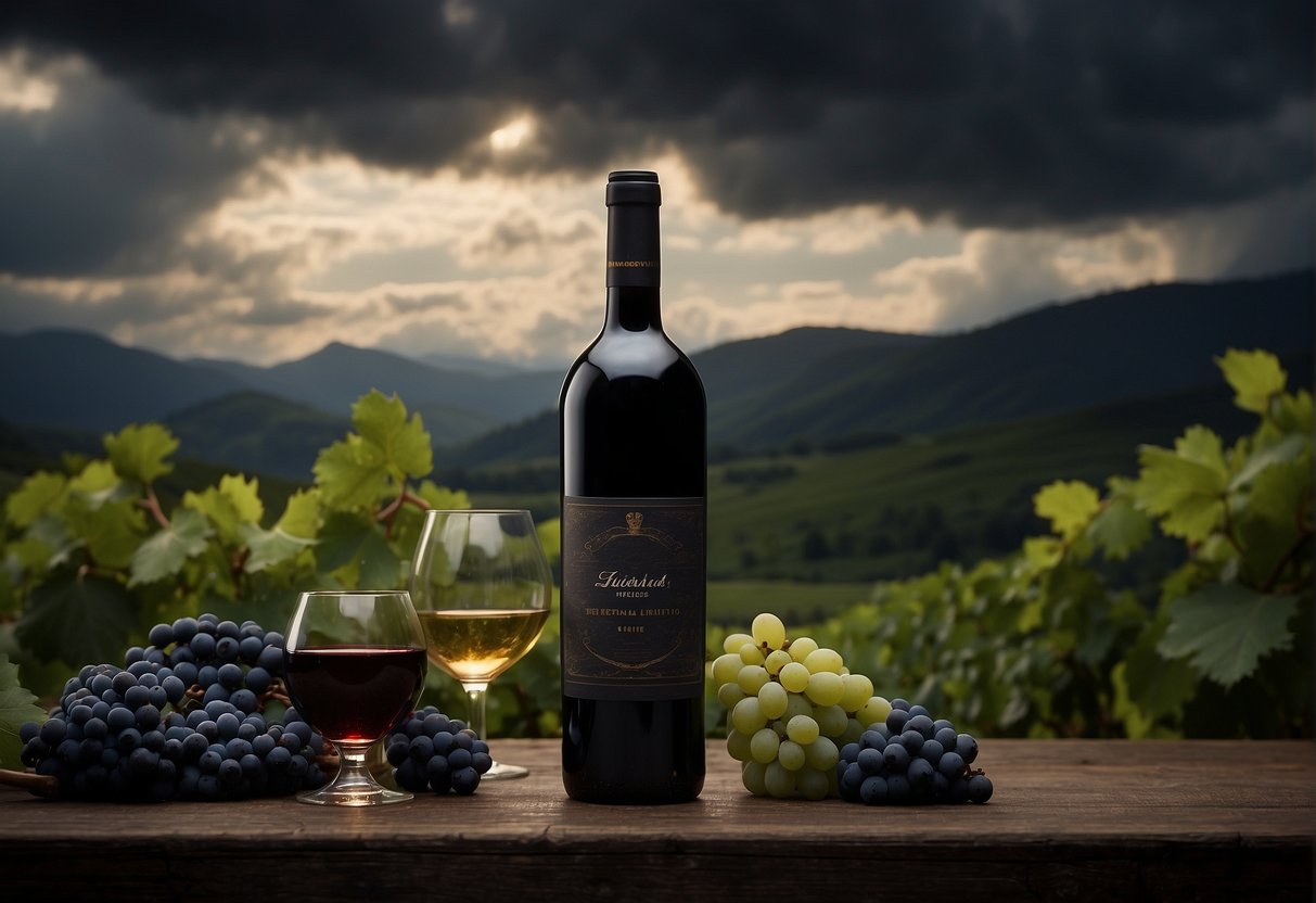 A bottle of wine sits open, its contents spoiled and cloudy. A dark, ominous cloud hovers over the bottle, symbolizing the potential health impact