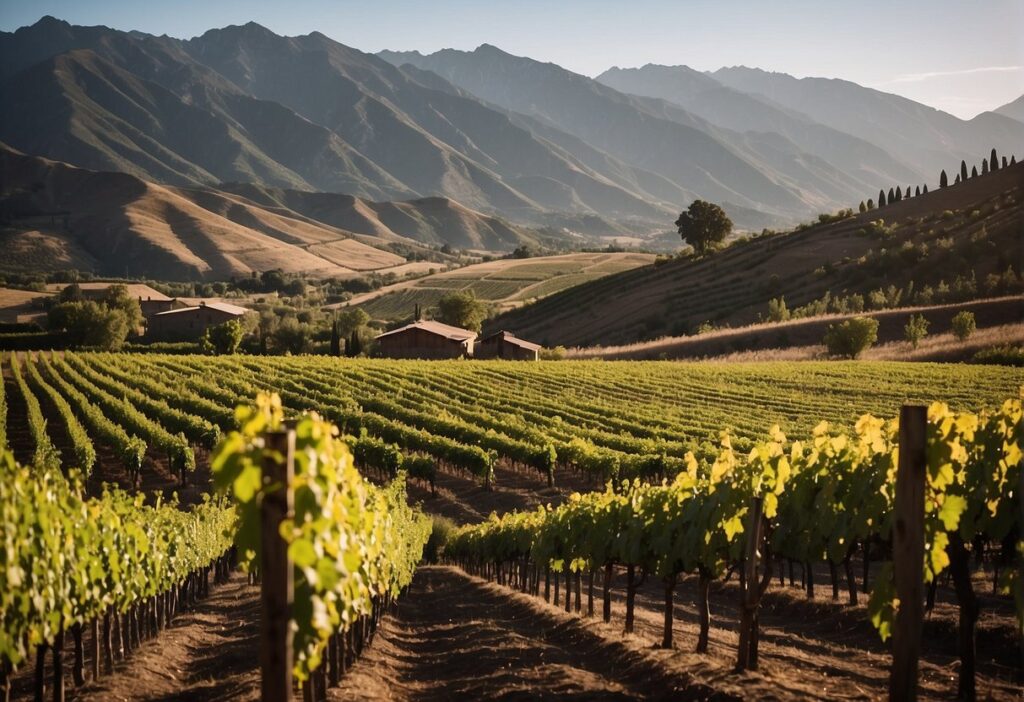 A vineyard field with mountains in the background.