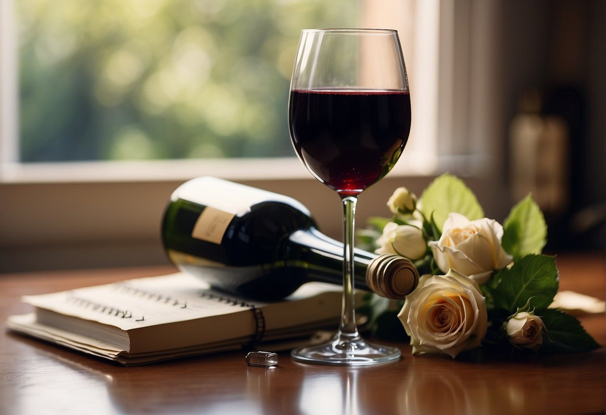 An open bottle of wine sits on a counter next to a calendar showing an expired date. The wine glass is half-full, with a wilted flower nearby