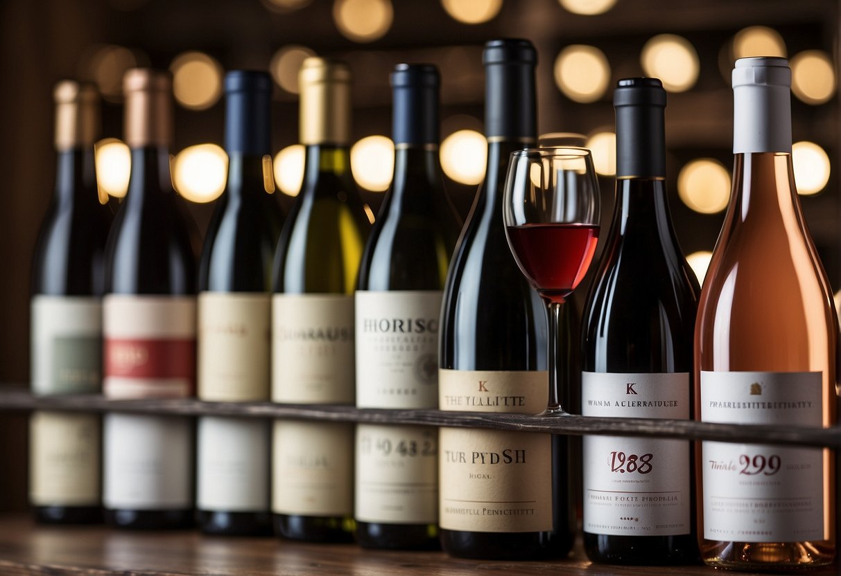 Various wine bottles labeled with specific types (red, white, rosé) arranged on a wooden wine rack with a calendar showing expiration dates