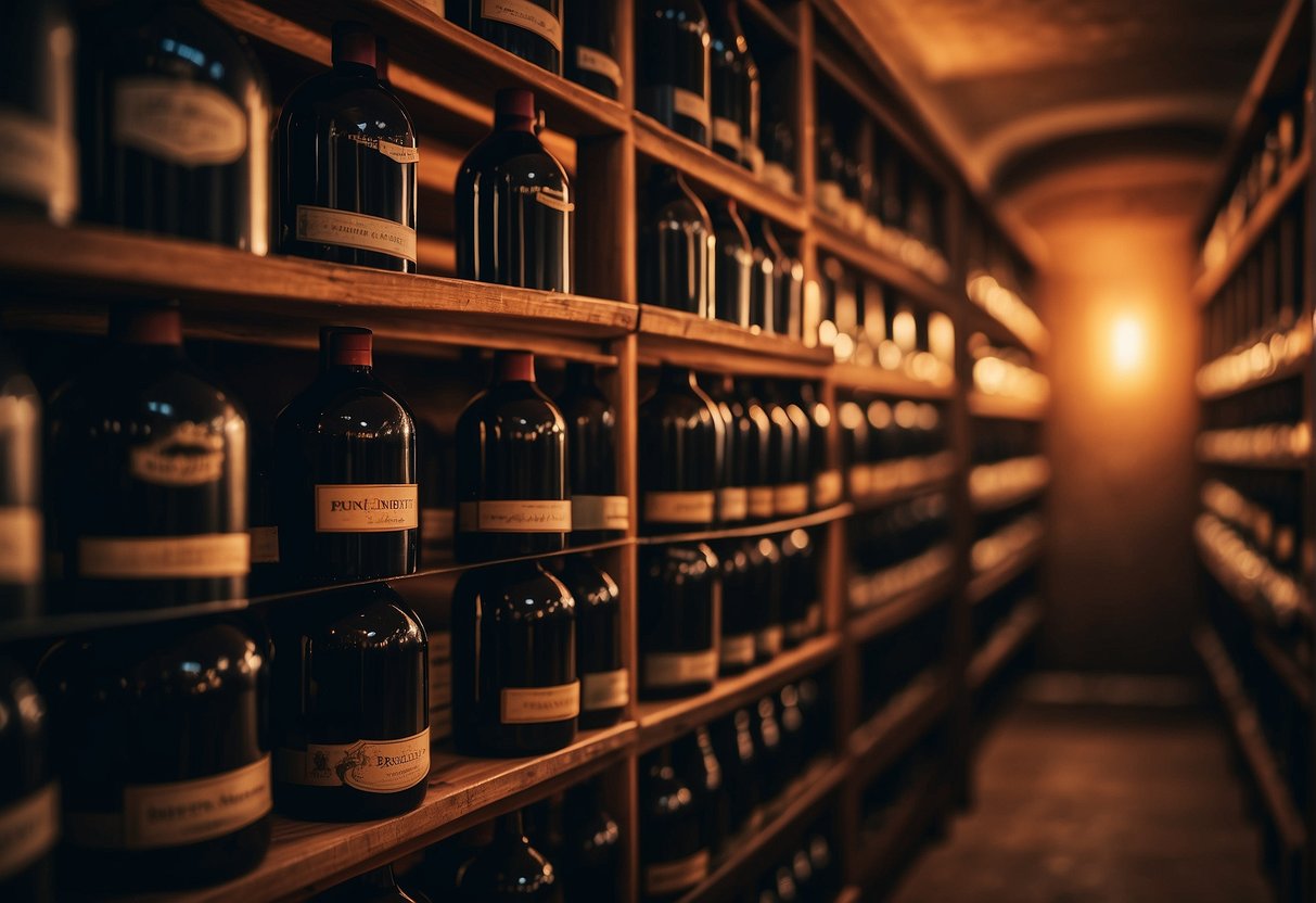 A wine bottle being carefully selected and placed in a wine cellar with proper temperature and humidity control