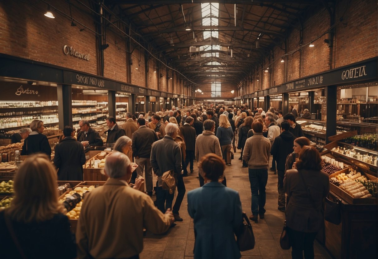 A bustling market with rows of vintage and fine wines, customers browsing and asking about expiration dates