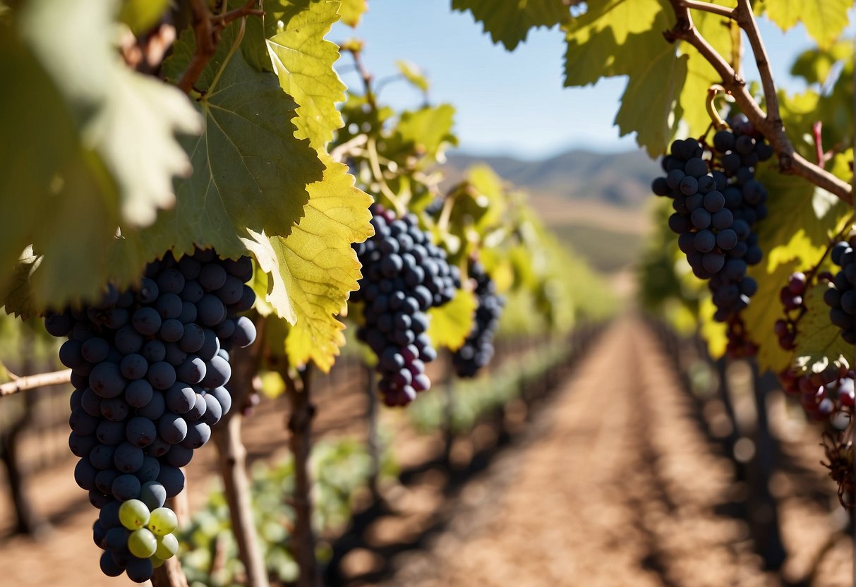 Vineyard in South Africa with rows of wine grapes under a sunny sky