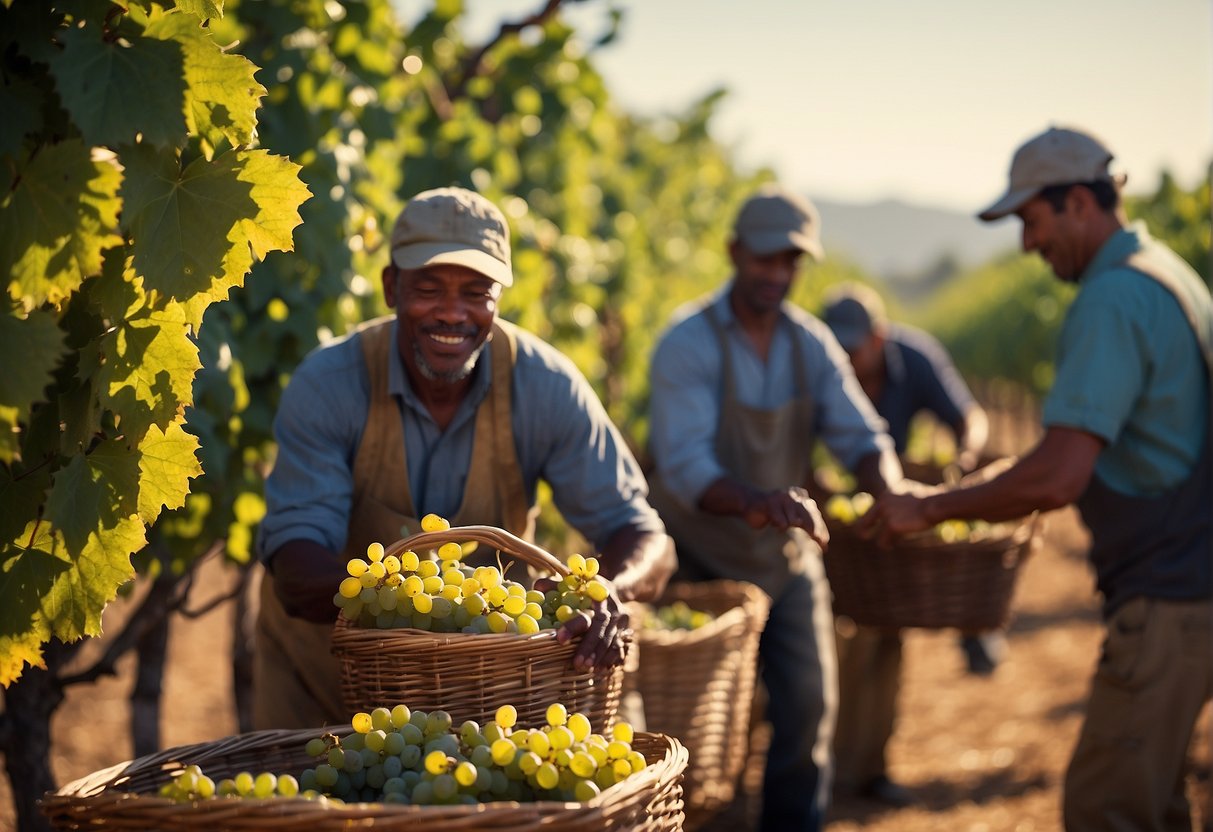 Vineyard workers harvest ripe wine grapes under the warm South African sun, while winemakers carefully crush and ferment the fruit to create exquisite wines