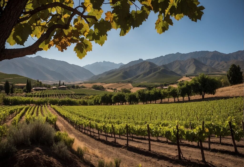 A vineyard with trees and mountains in the background.