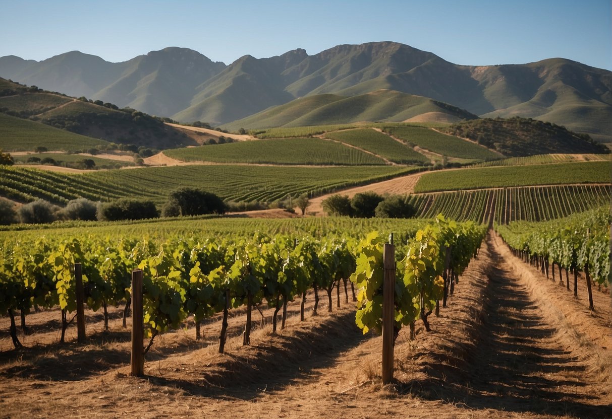 Vineyard rows stretch across rolling hills, showcasing a variety of wine grapes in the South African landscape