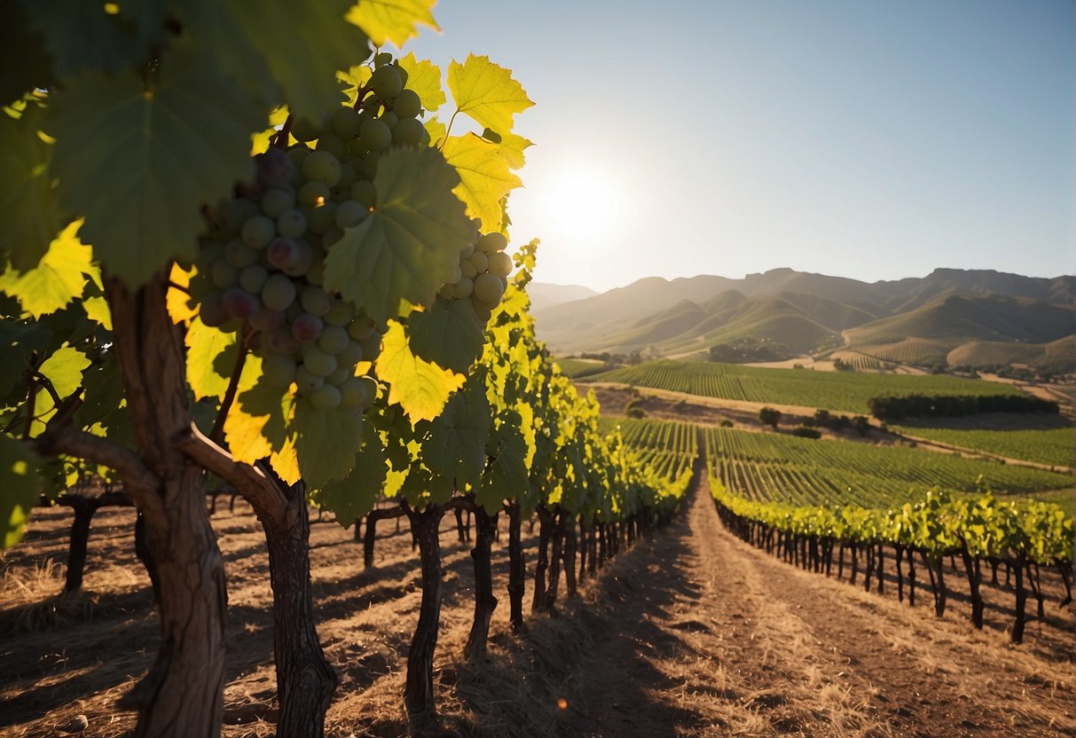 Vineyards in South Africa with rows of lush green grapevines stretching out towards the horizon, basking in the warm sunlight of the African landscape