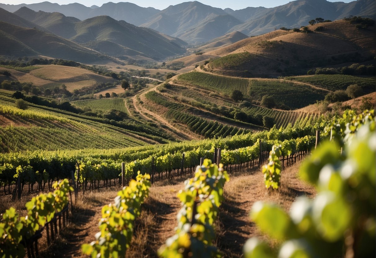 Lush vineyards stretch across rolling hills, showcasing a variety of wine grape appellations and Wine of Origin regions in South Africa