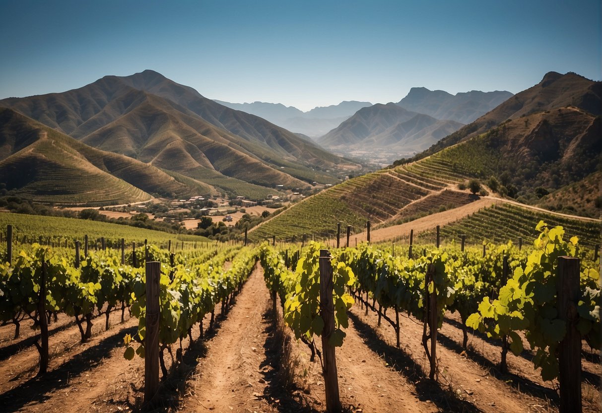 Vineyards sprawl across the rolling hills, their lush green vines heavy with ripe wine grapes. A backdrop of majestic mountains and a clear blue sky add to the cultural significance of South African wine tourism