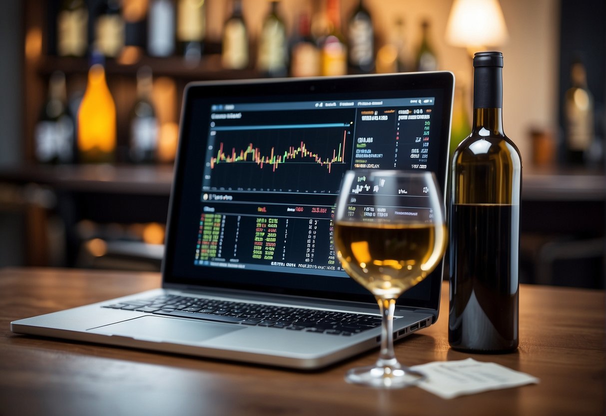 A table with various wine bottles, a laptop showing investment charts, and a stack of financial documents