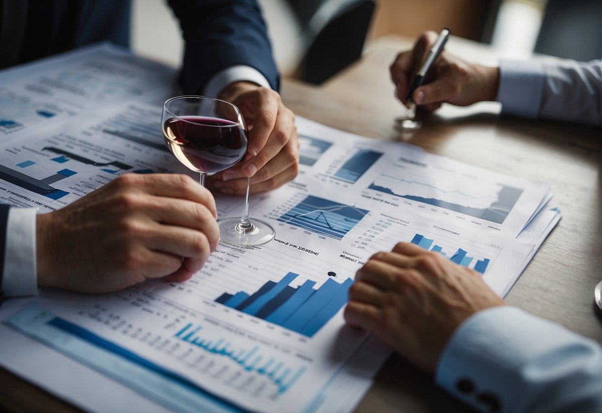 Investors studying wine fund data and charts, with a focus on financial reports and investment strategies