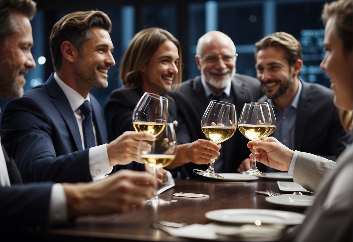 A group of investors celebrate with wine glasses raised, as financial reports and charts are spread across the table