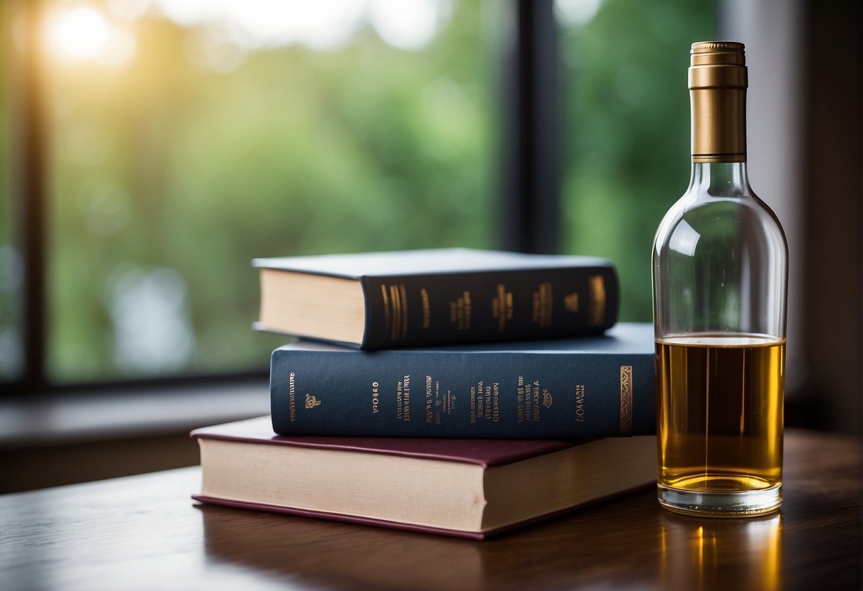 A stack of books on wine investment sits next to a chart showing fund growth. A wine bottle and glass add visual interest to the scene