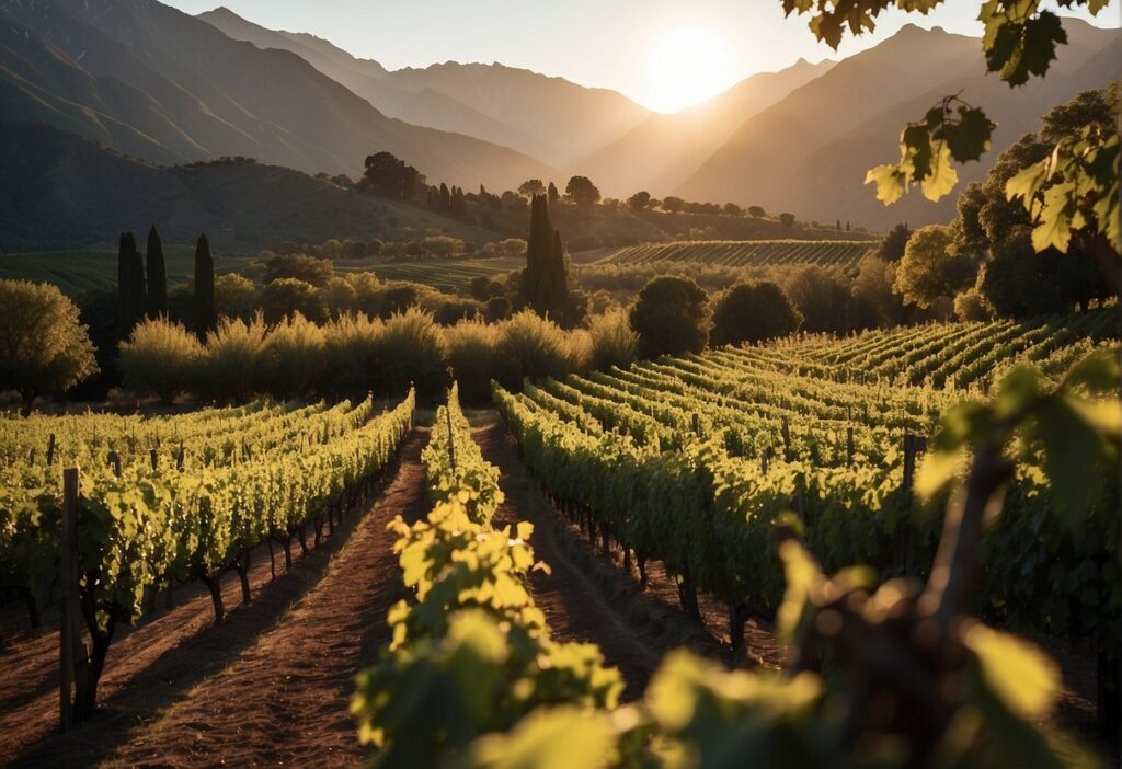 The sun is setting over a vineyard in new zealand.