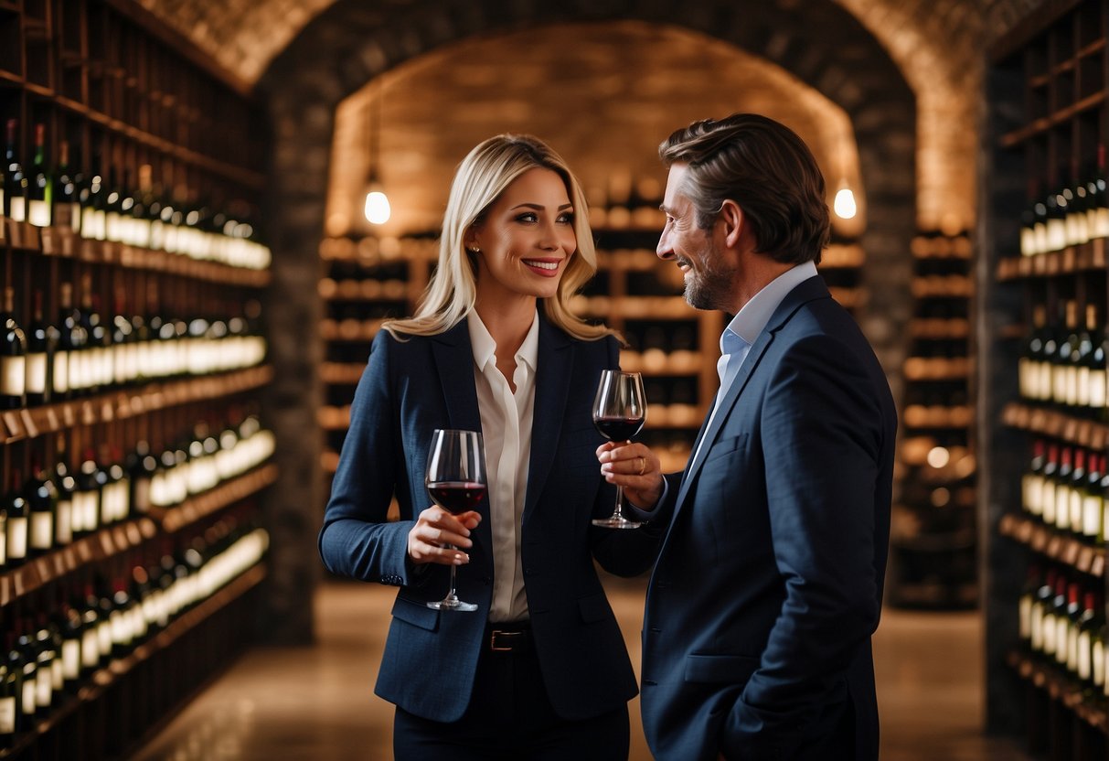 A luxurious wine cellar with rows of expensive wine bottles, a sophisticated investment advisor discussing wine funds with a wealthy client