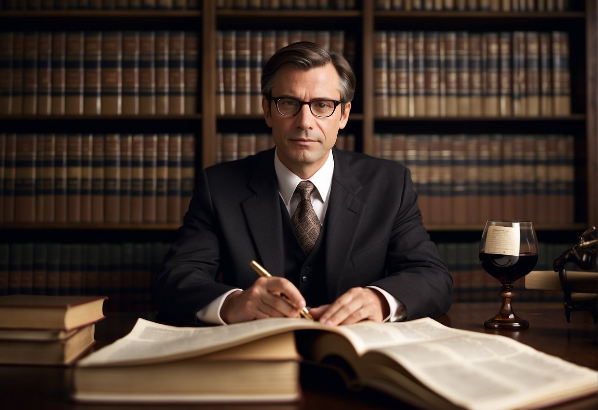 A lawyer researches wine fund laws, surrounded by thick legal books and regulatory documents