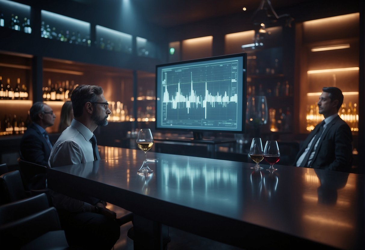 A futuristic wine cellar with holographic investment charts and robotic wine servers. A group of investors discuss the potential of wine funds in the background