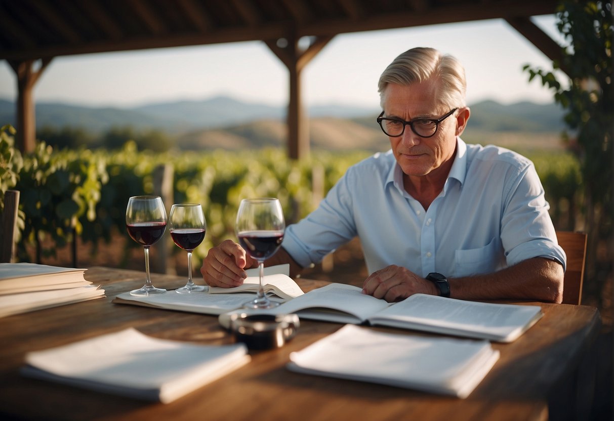 A wine fund manager analyzing investment portfolios and vineyard performance