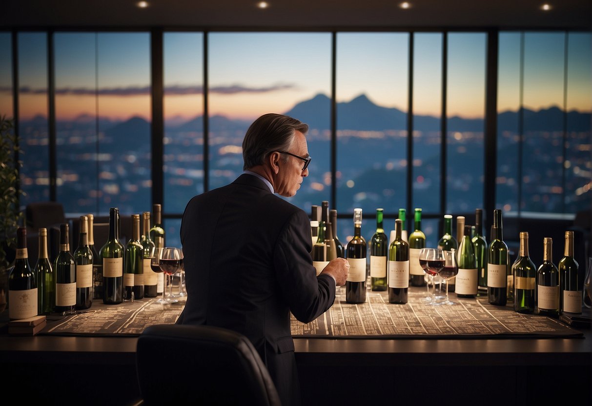 A wine fund manager strategizes exits and returns, surrounded by bottles and financial charts