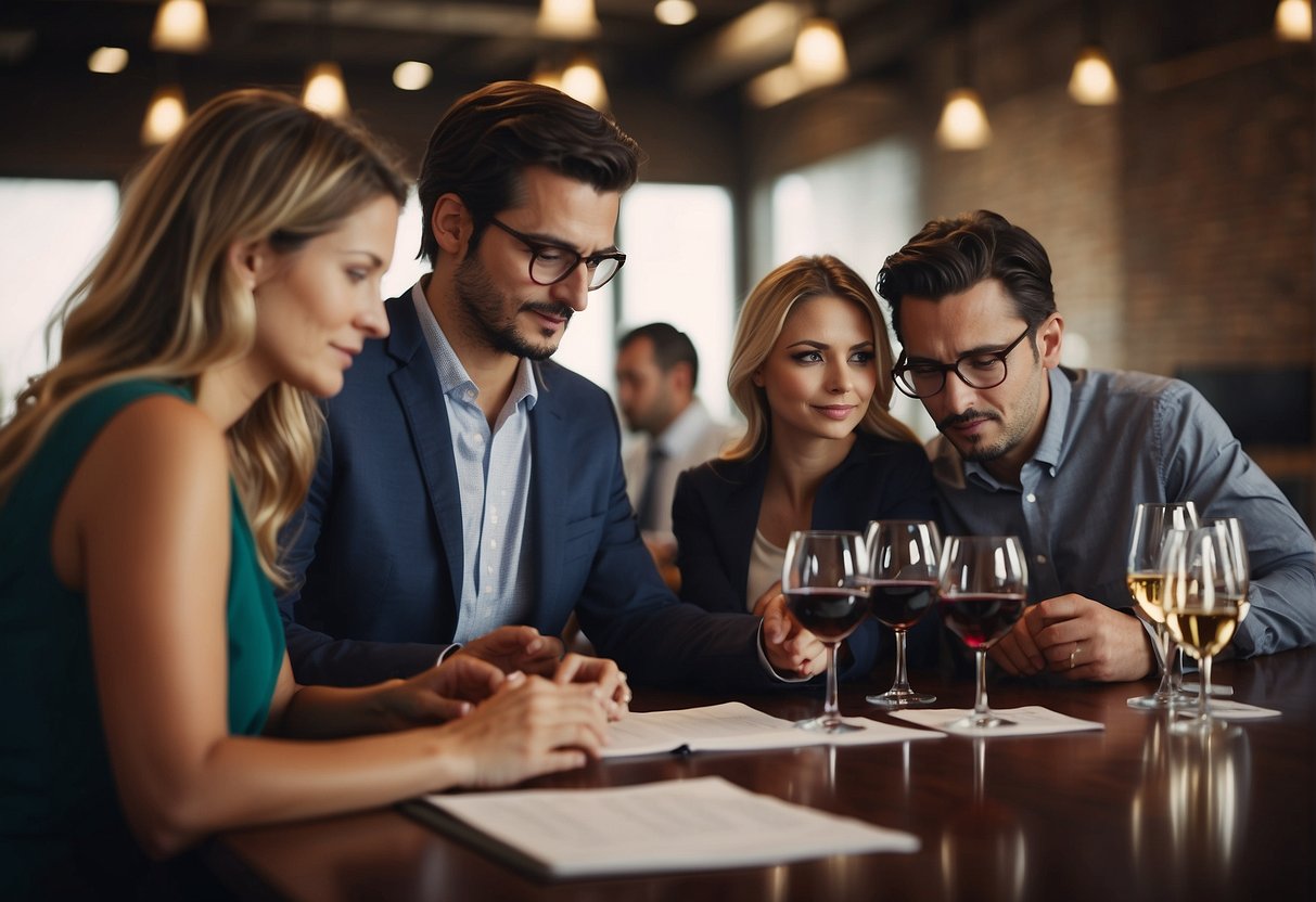 A group of investors studying wine market trends and analyzing data for potential investment in wine funds