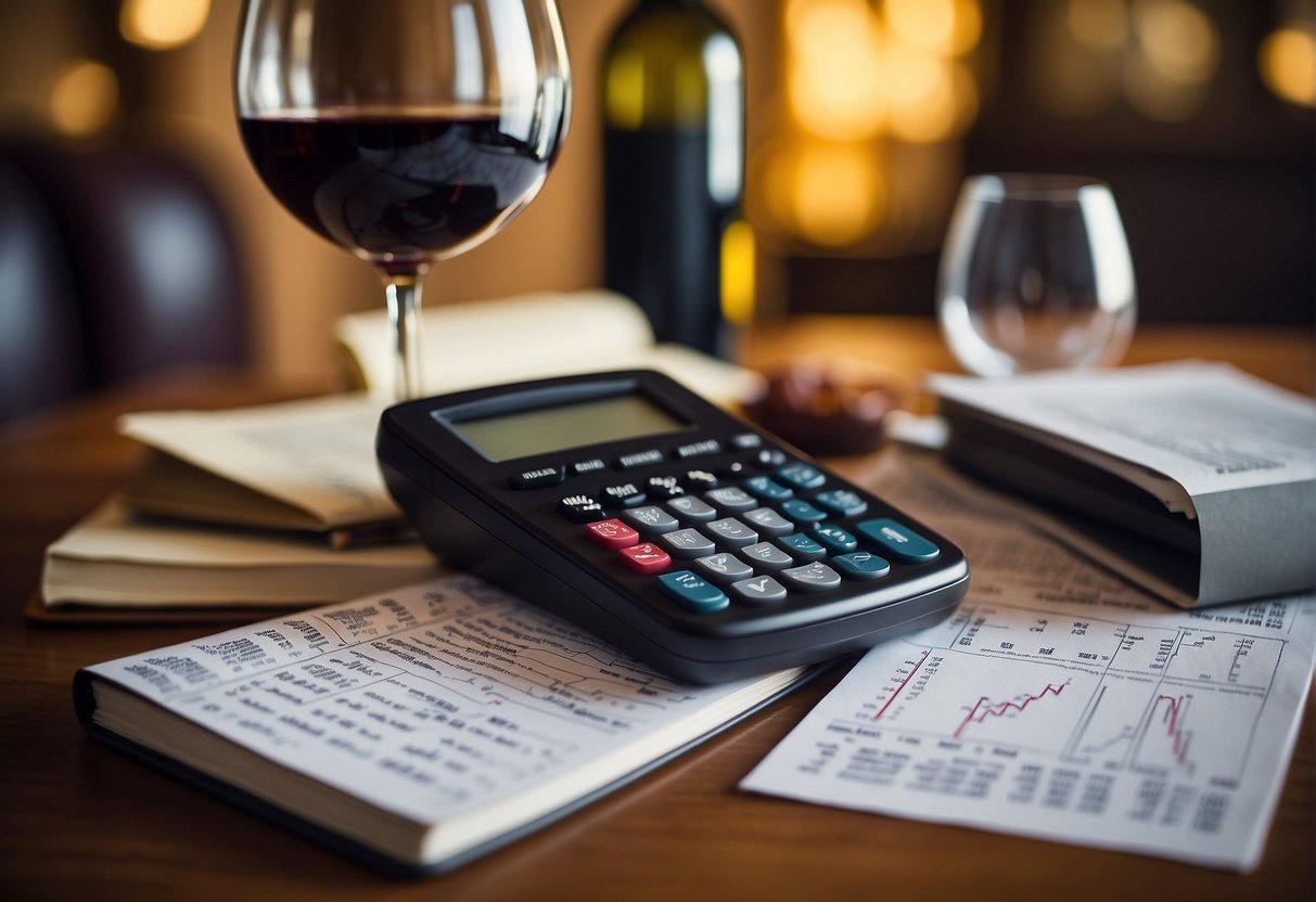 A table with wine bottles, stock market charts, and a calculator. A stack of financial books labeled "Wine Investing for Dummies."