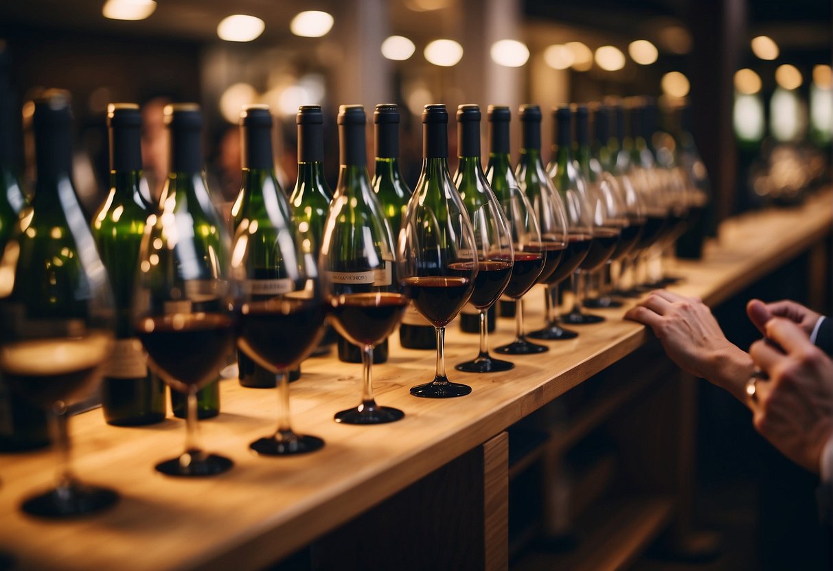 A collection of wine bottles arranged neatly on a wooden shelf, each label displaying the name, vintage, and region of the wine