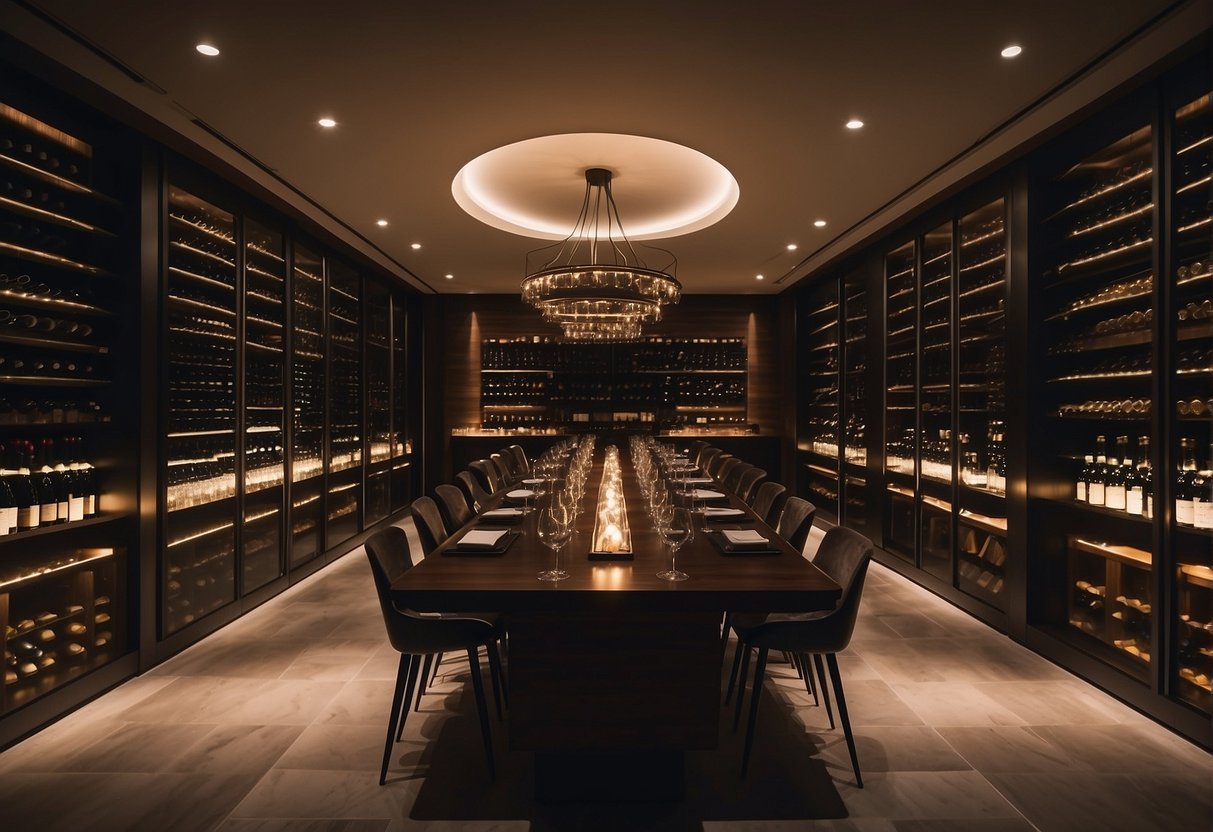 A lavish wine cellar with rows of expensive bottles, a sommelier pouring wine, and investors discussing investment strategies