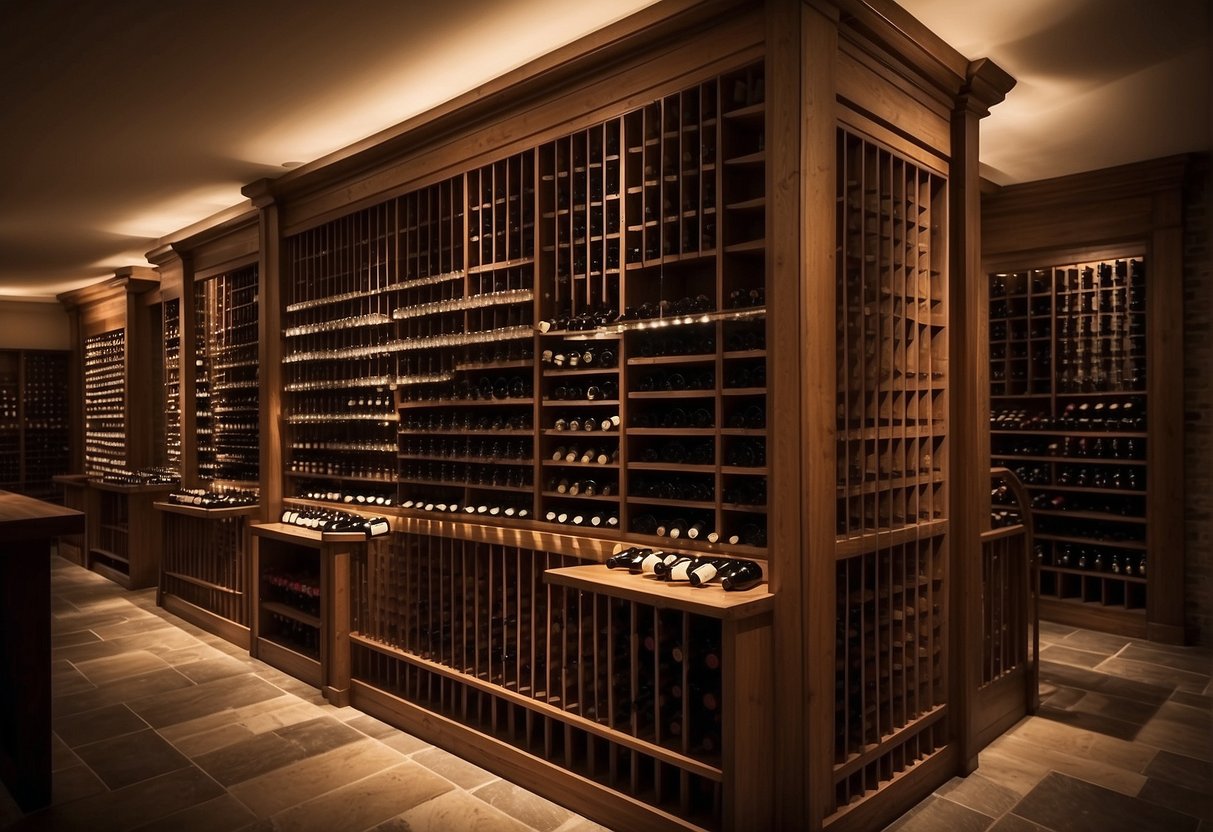 A cellar filled with rows of wooden wine racks, each holding bottles of various vintages. A temperature-controlled environment with dim lighting and a musty, earthy aroma