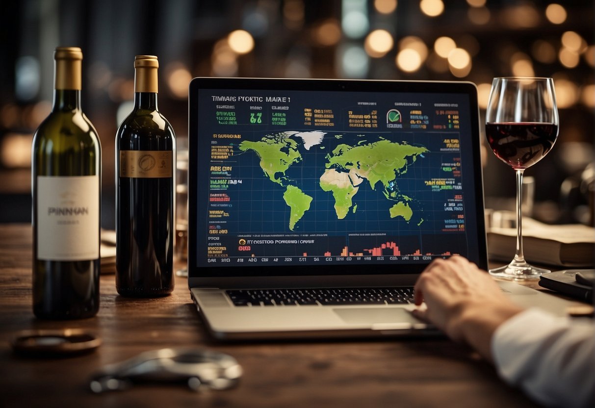 A bustling stock market with wine bottles as symbols, charts showing upward trends, and a world map representing global market influence