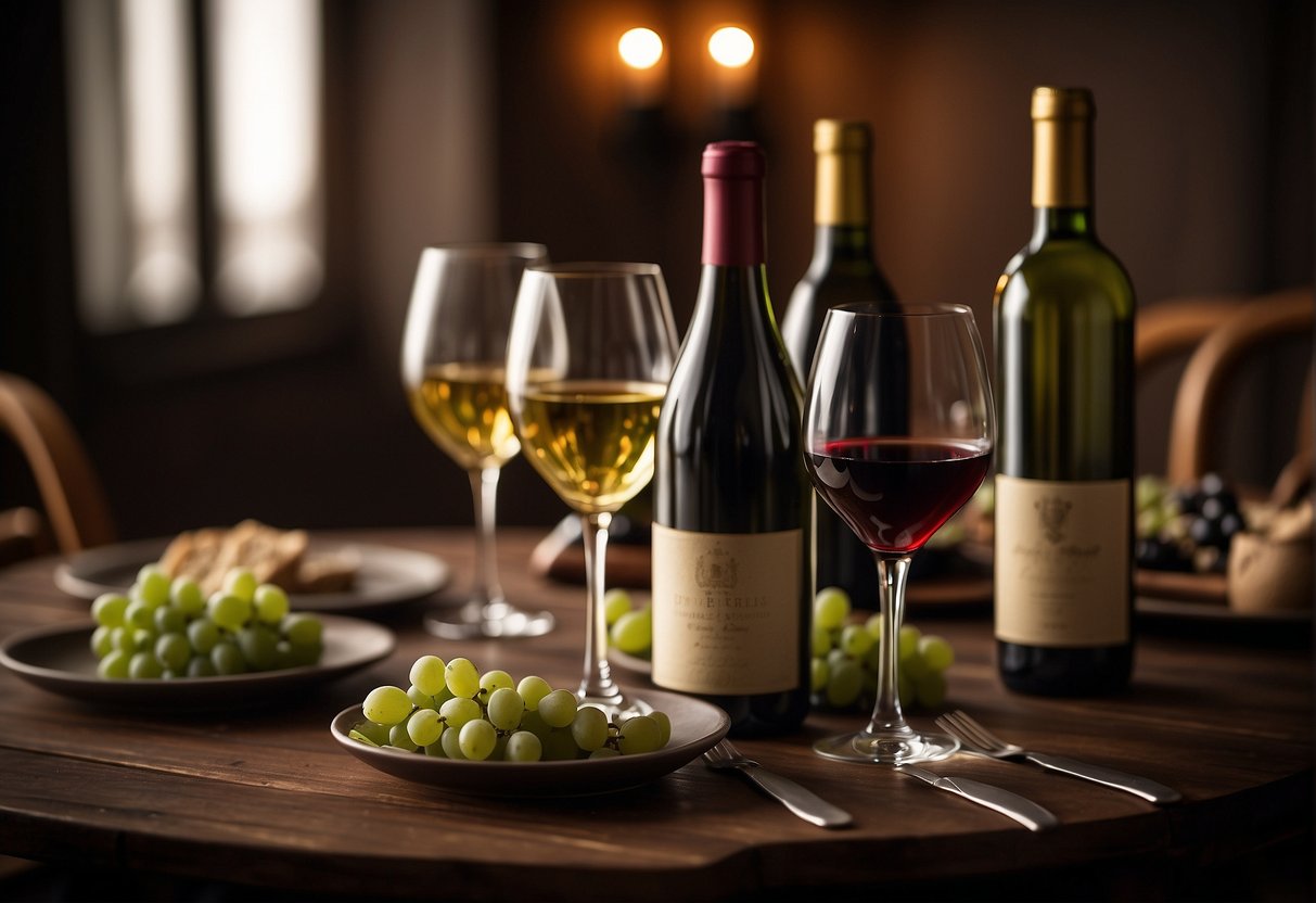 A table set with various wine bottles, glasses, and corkscrews. A cozy atmosphere with dim lighting and comfortable seating. A sense of relaxation and pleasure in the act of tasting and savoring wine