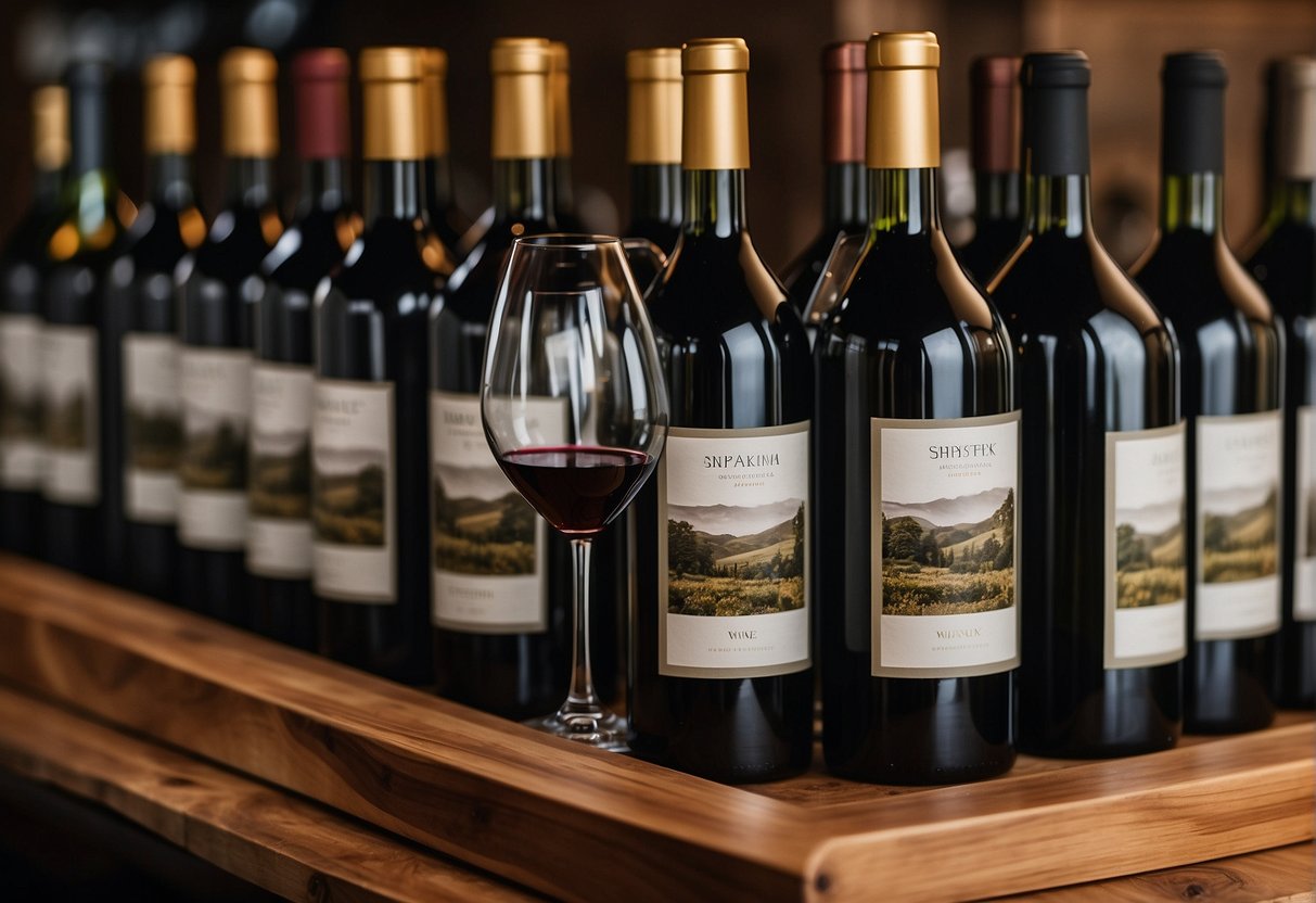 A collection of wine bottles displayed on a wooden rack, with labels visible. A wine investment expert examines the bottles with a magnifying glass