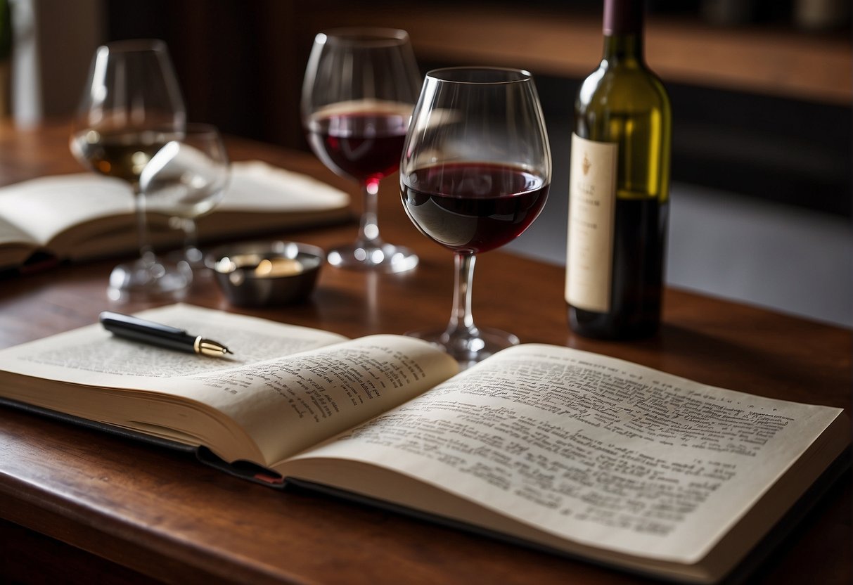 A table with open books, wine bottles, and glasses. A person taking notes and researching wine