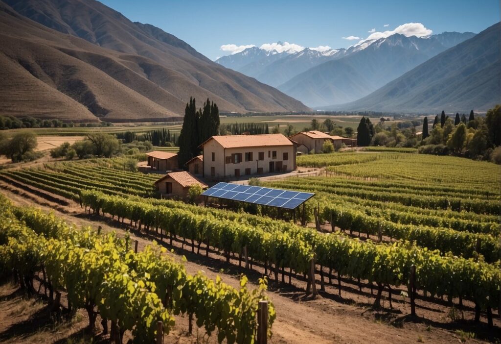 A vineyard with solar panels and mountains in the background.