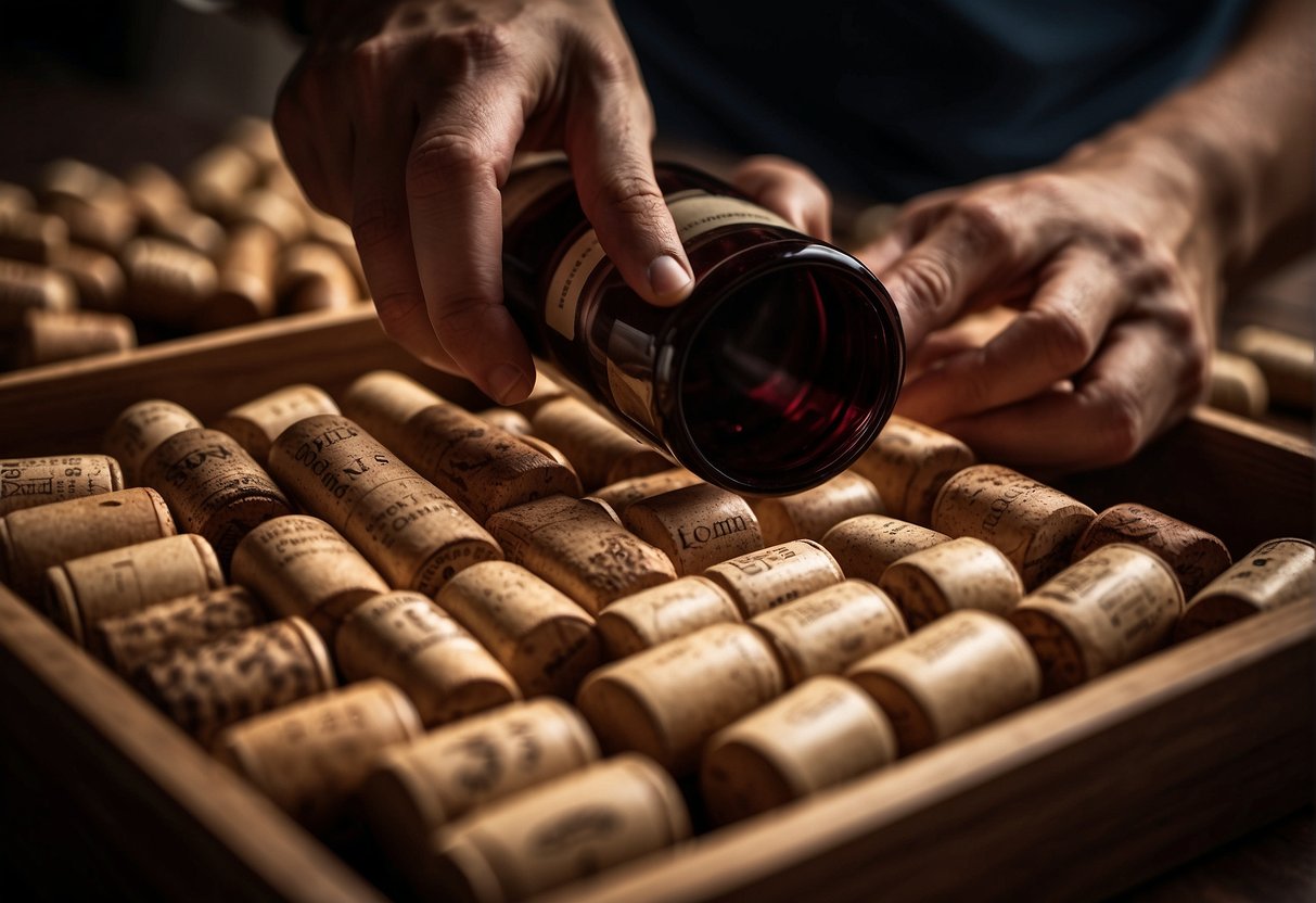 A hand reaches into a box, pulling out wine corks. A table is covered with corks, as the collector carefully inspects each one