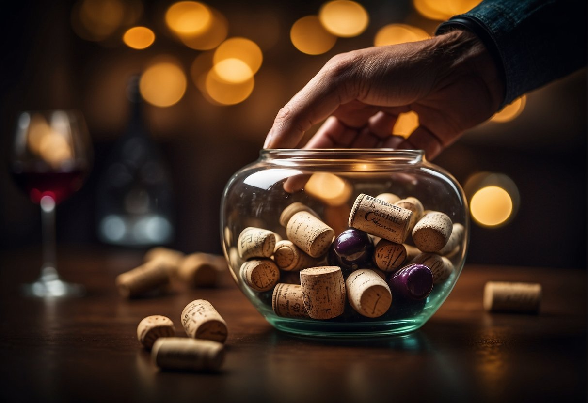 A hand reaches into a glass jar filled with a variety of wine corks, each one unique in design and color, hinting at the stories and memories behind each bottle enjoyed