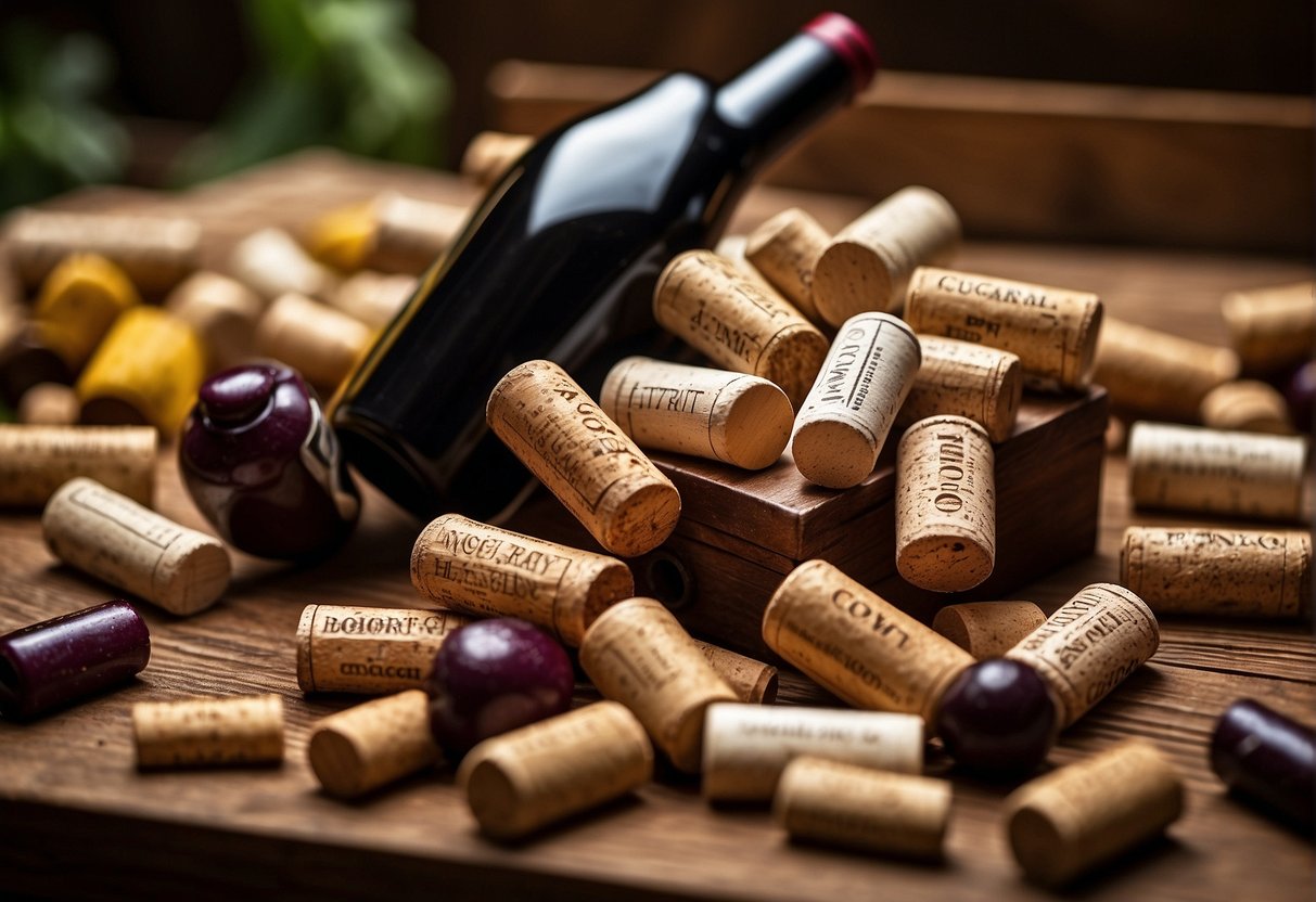 Wine corks piled in a rustic wooden crate, spilling onto a craft table with glue, scissors, and colorful materials scattered around