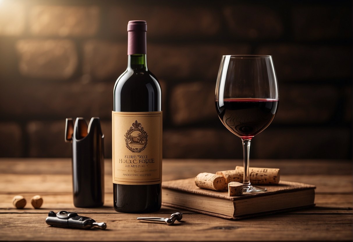 A cork collection displayed on a rustic wooden table, accompanied by a wine etiquette book and a corkscrew. Wine glasses and a bottle of wine are also present