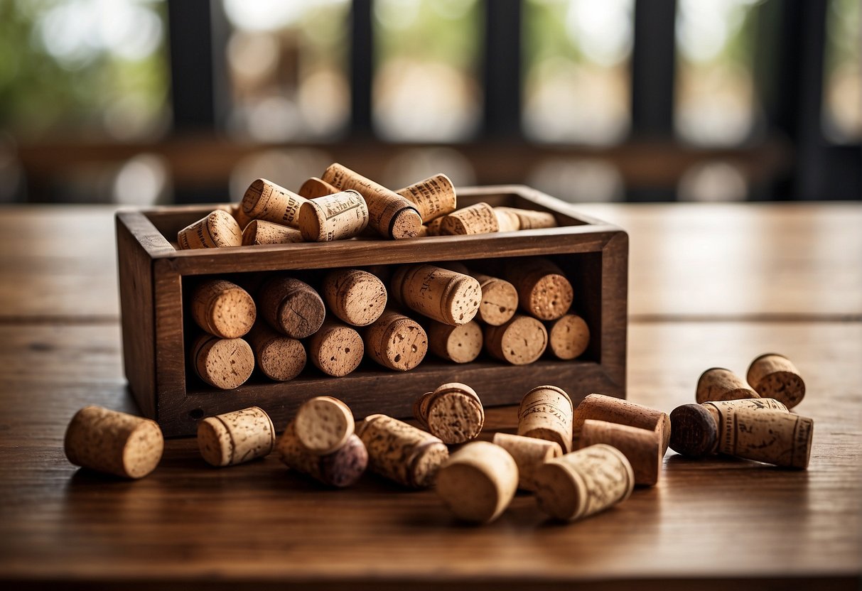 Wine corks scattered on a rustic wooden table, surrounded by bottles, glasses, and a cork collection box. A wine-themed wall decor hangs in the background