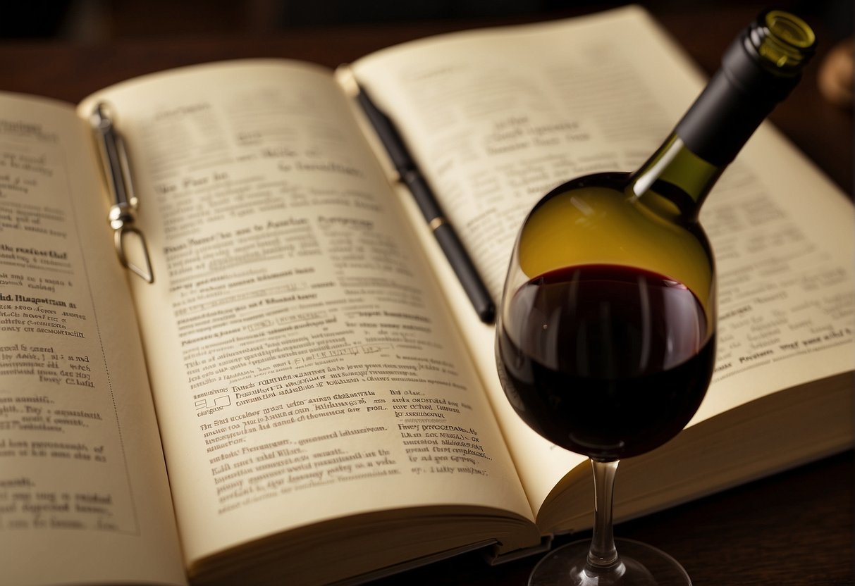 A hand holds a wine bottle, reading the label closely. Other wine bottles are arranged nearby, with a notebook and pen for recording information