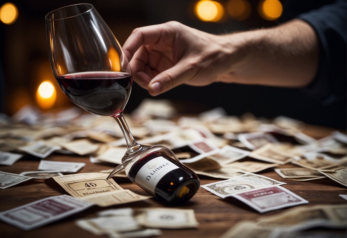 A hand reaching for scattered wine labels, some torn, others faded, all challenging to collect