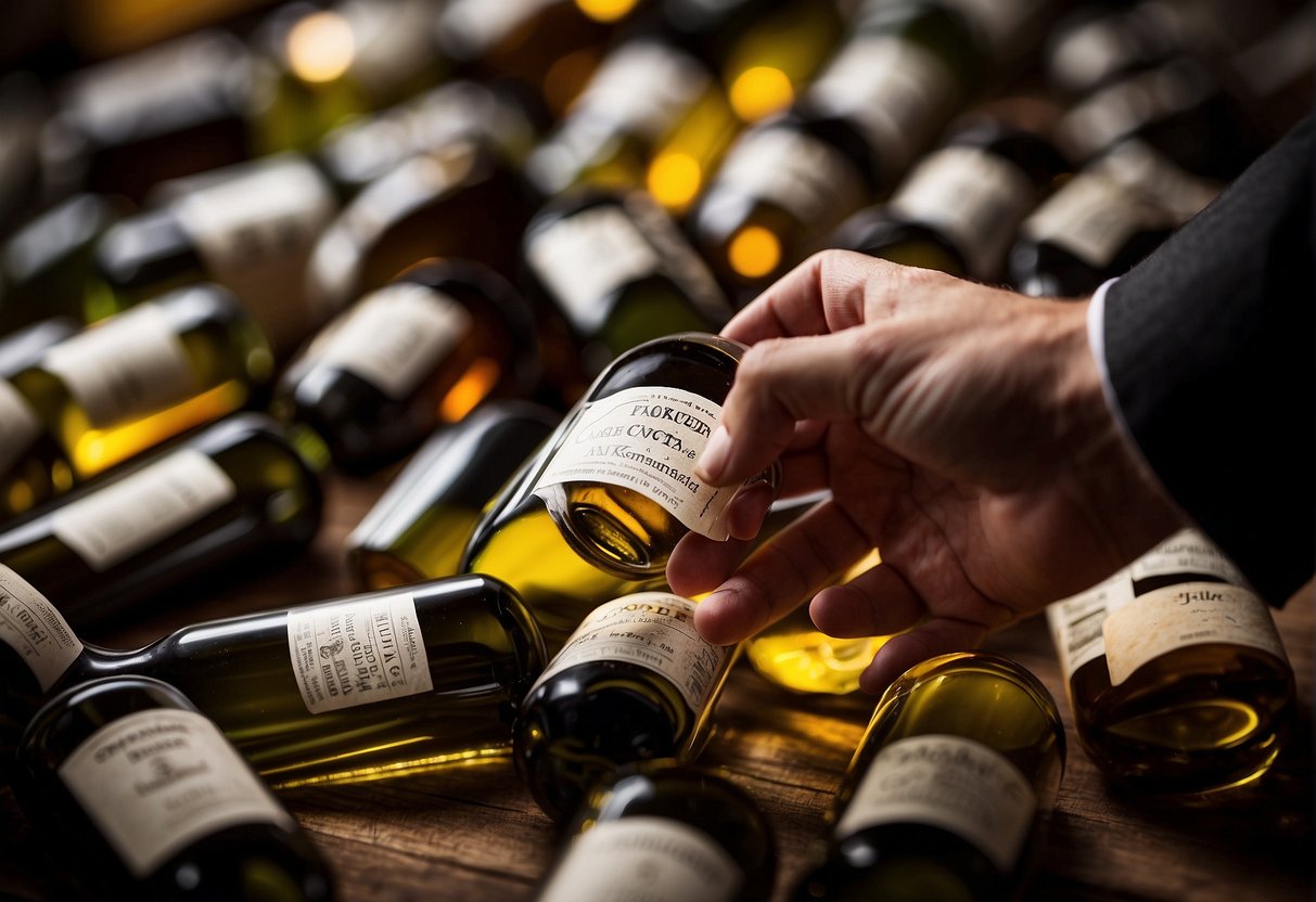 A hand reaches for a bottle, peeling off a wine label. Piles of collected labels sit nearby